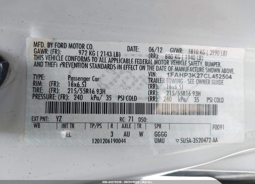 2012 FORD FOCUS VIN: 1FAHP3K27CL452504