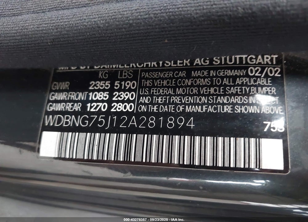 2002 MERCEDES-BENZ S 500 VIN: WDBNG75J12A281894