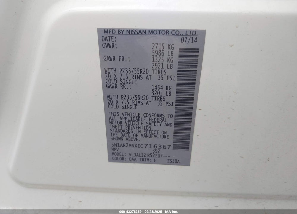 2014 NISSAN PATHFINDER PLATINUM VIN: 5N1AR2MNXEC716367