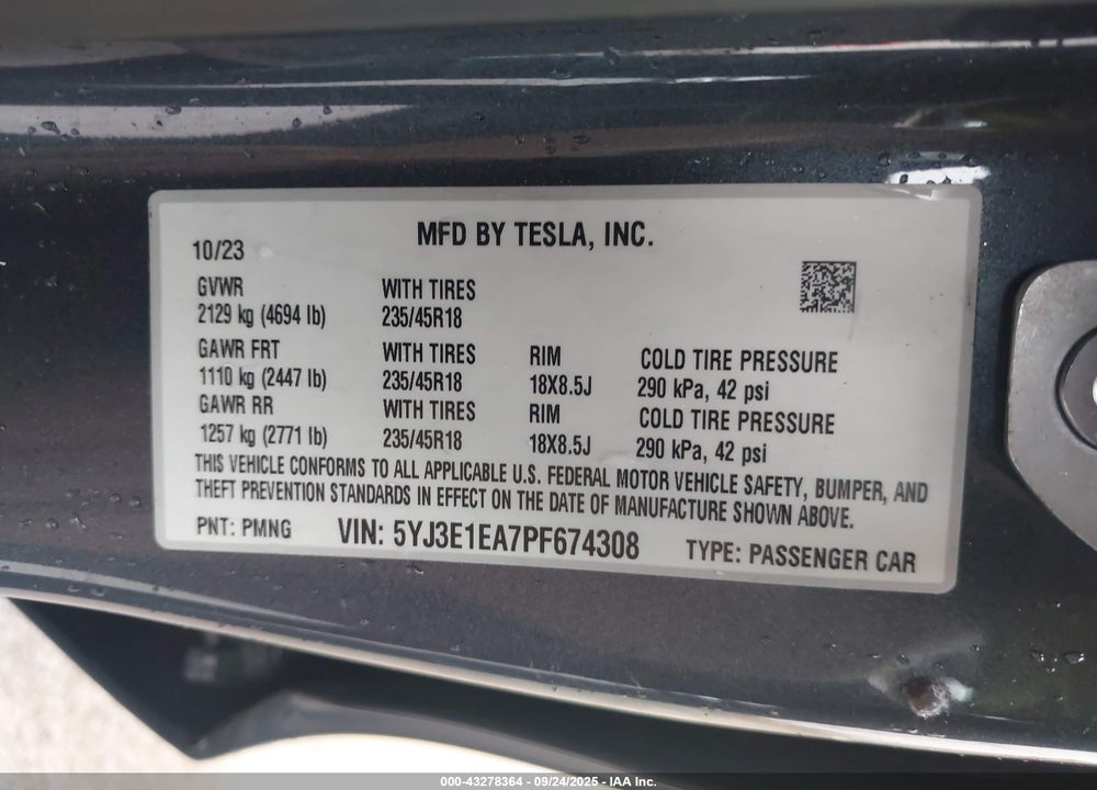 2023 TESLA MODEL 3 VIN: 5YJ3E1EA7PF674308