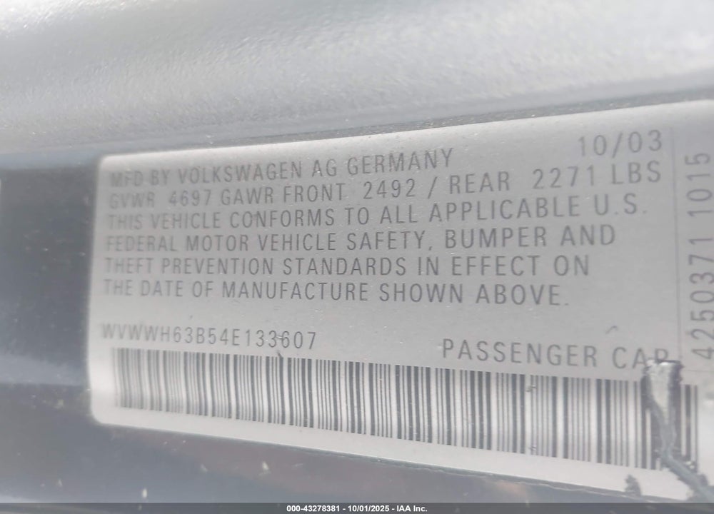 2004 VOLKSWAGEN PASSAT GLX VIN: WVWWH63B54E133607