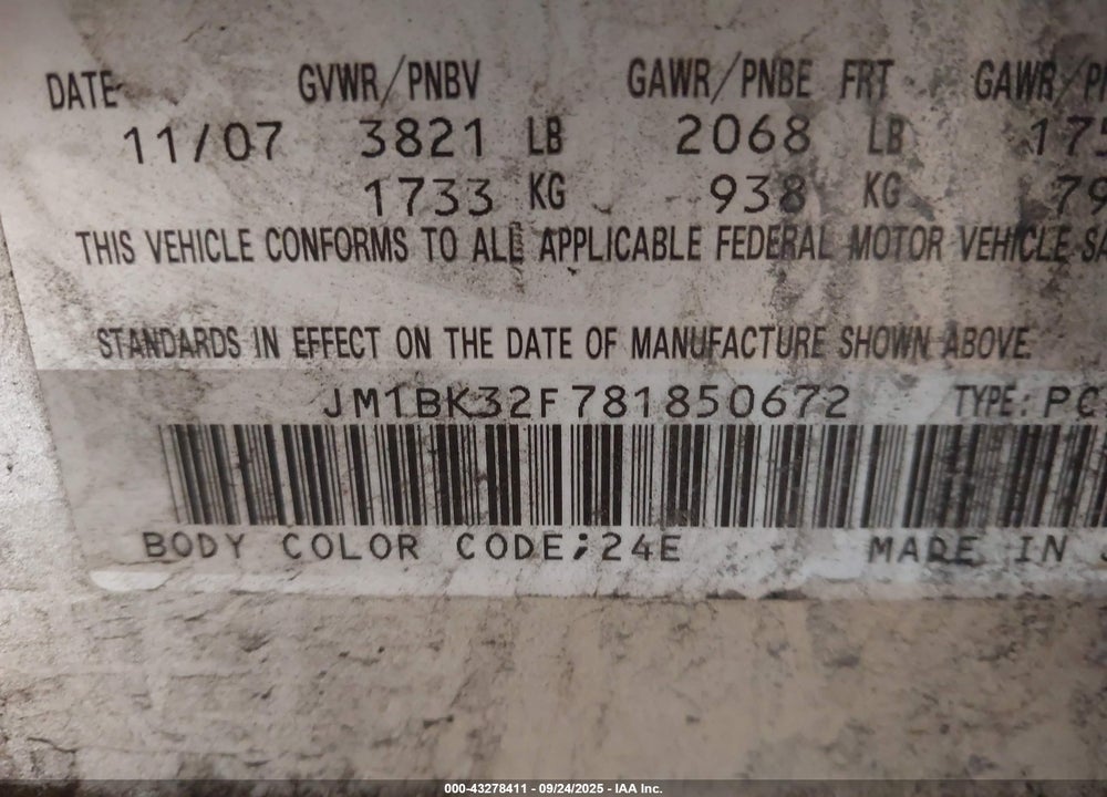 2008 MAZDA 3 VIN: JM1BK32F781850672