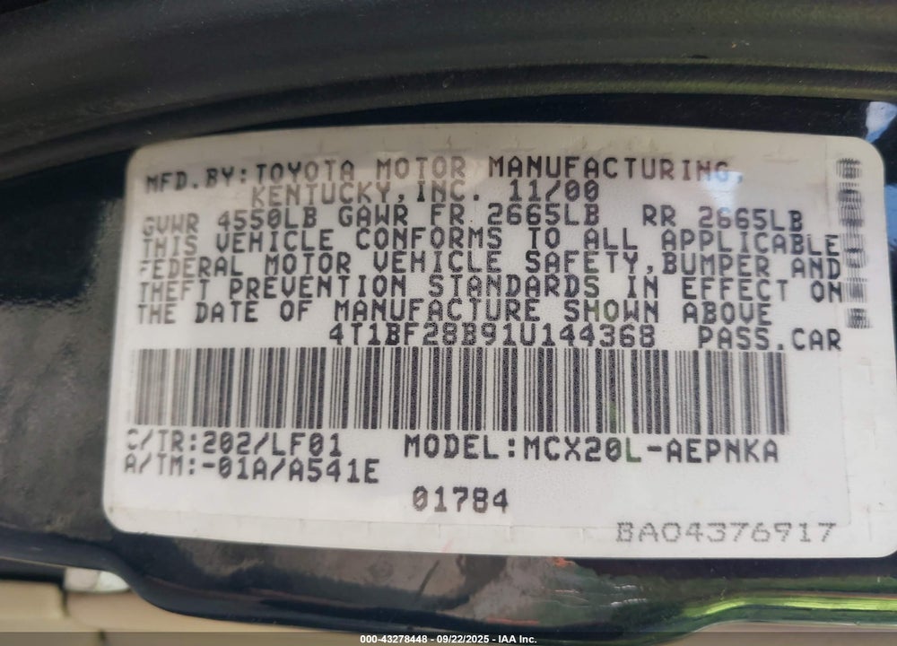 2001 TOYOTA AVALON XL VIN: 4T1BF28B91U144368
