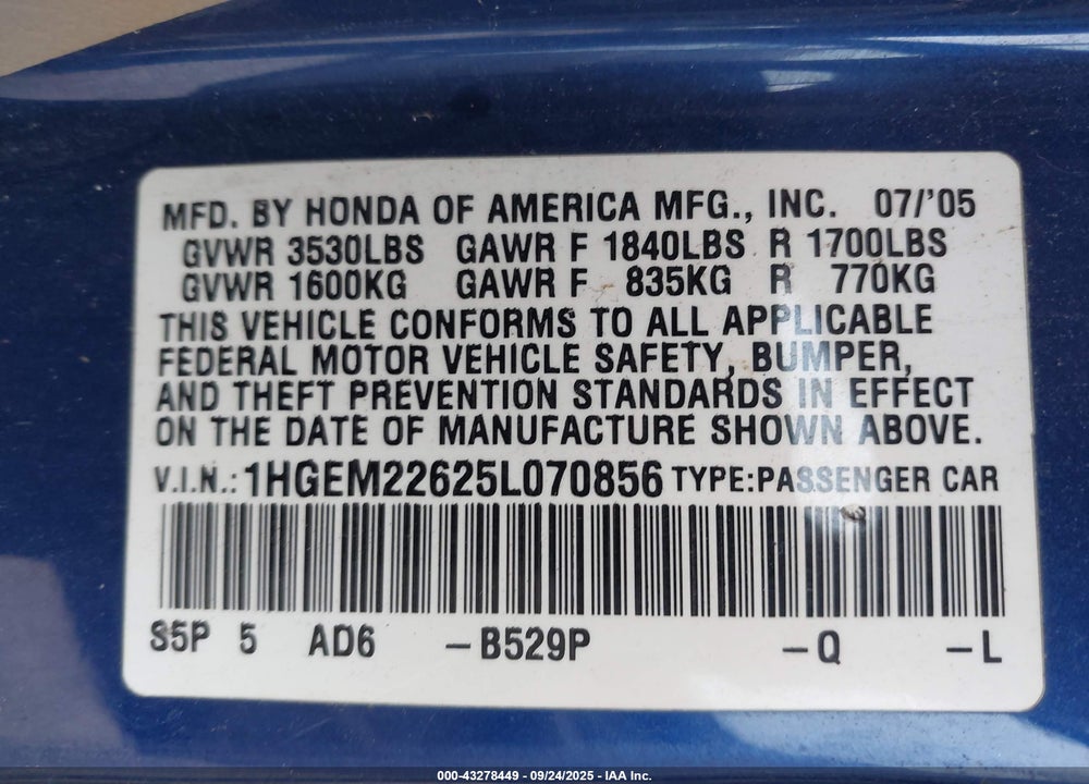 2005 HONDA CIVIC LX VIN: 1HGEM22625L070856