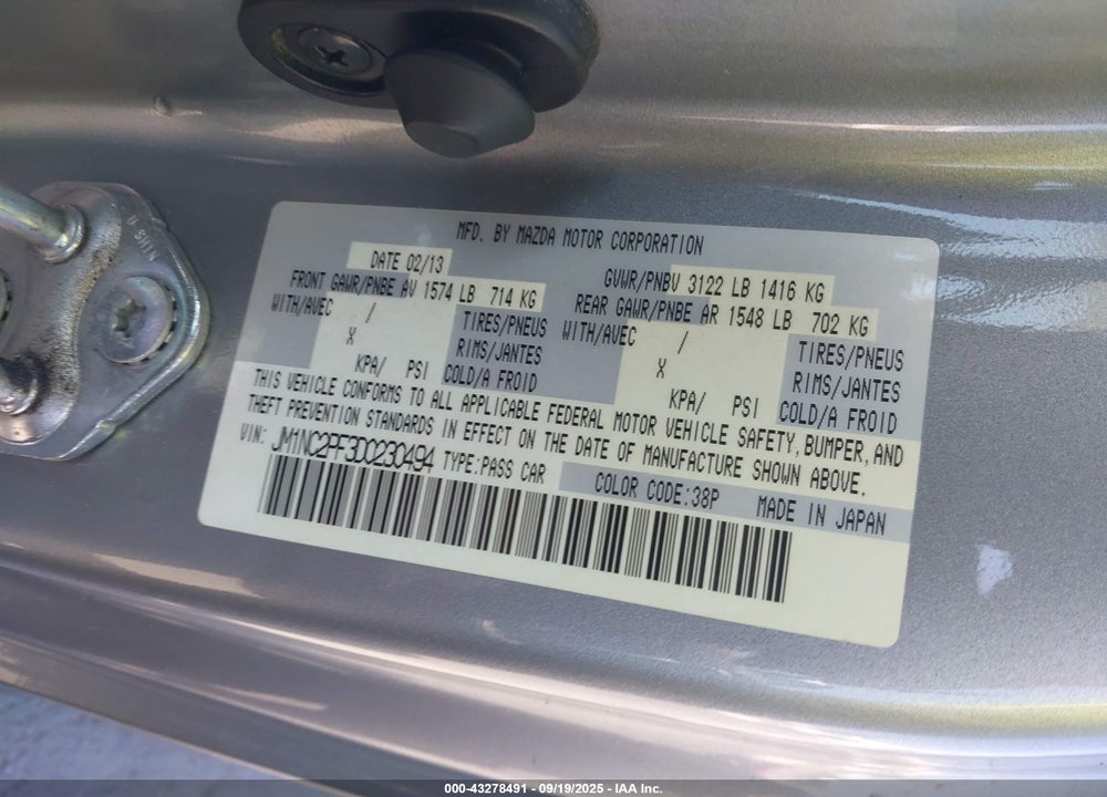 2013 MAZDA MX-5 MIATA VIN: JM1NC2PF3D0230494