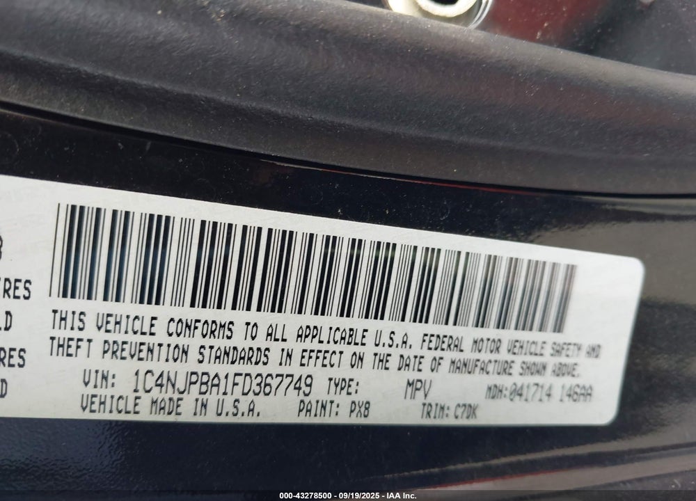 2015 JEEP PATRIOT SPORT VIN: 1C4NJPBA1FD367749
