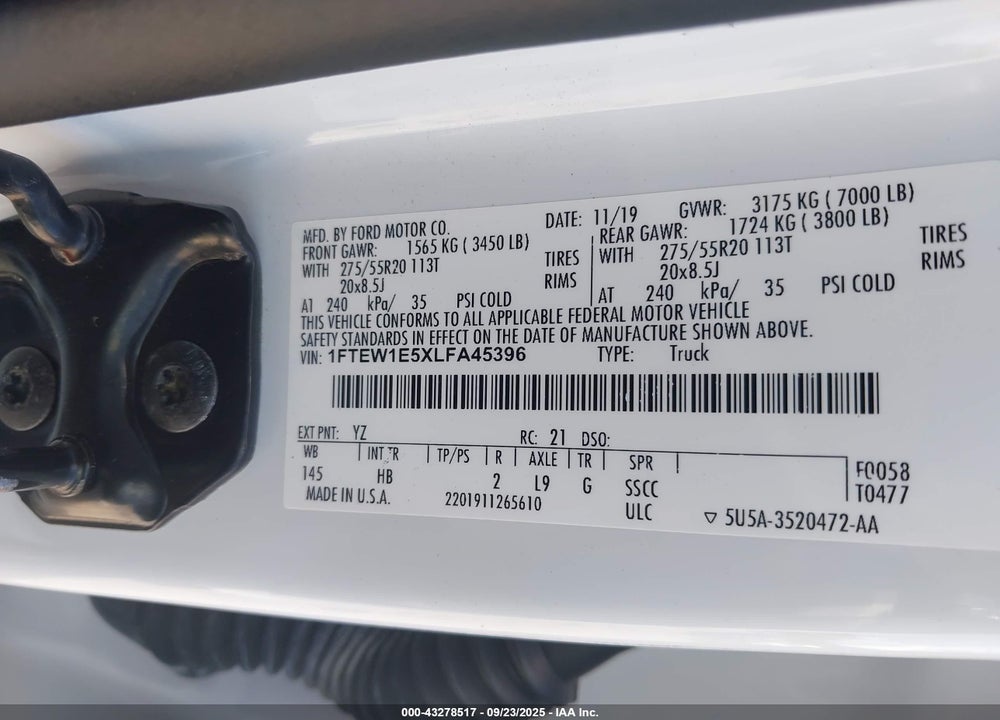 2020 FORD F-150 LARIAT VIN: 1FTEW1E5XLFA45396