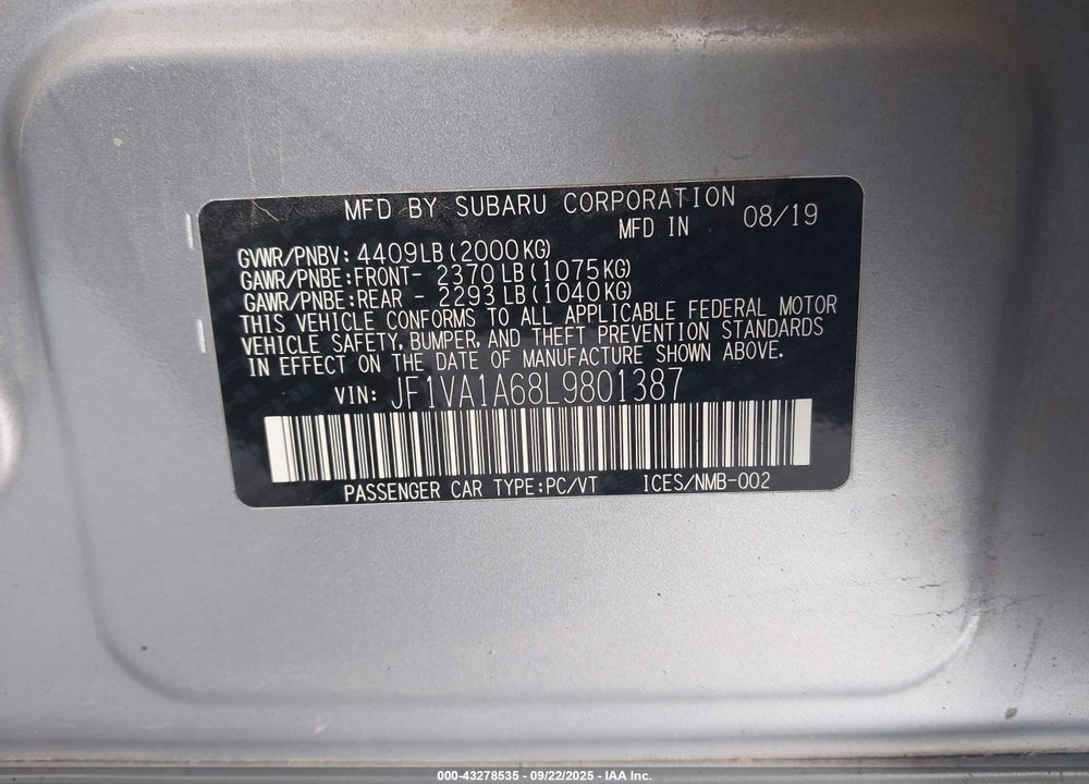 2020 SUBARU WRX VIN: JF1VA1A68L9801387