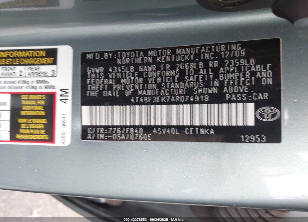 2010 TOYOTA CAMRY LE VIN: 4T4BF3EK7AR074918