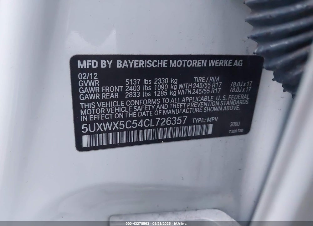 2012 BMW X3 VIN: 5UXWX5C54CL726357