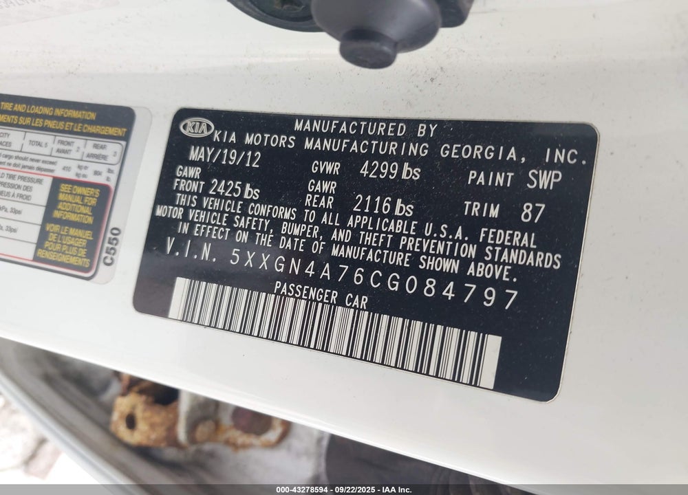 2012 KIA OPTIMA VIN: 5XXGN4A76CG084797