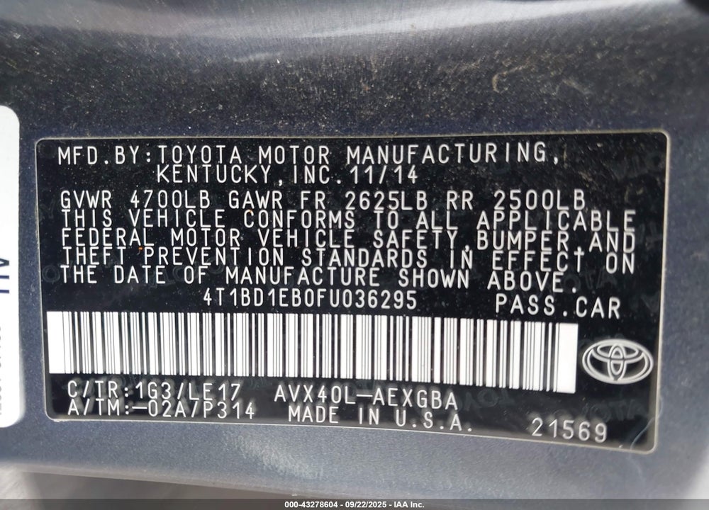 2015 TOYOTA AVALON HYBRID XLE TOURING VIN: 4T1BD1EB0FU036295