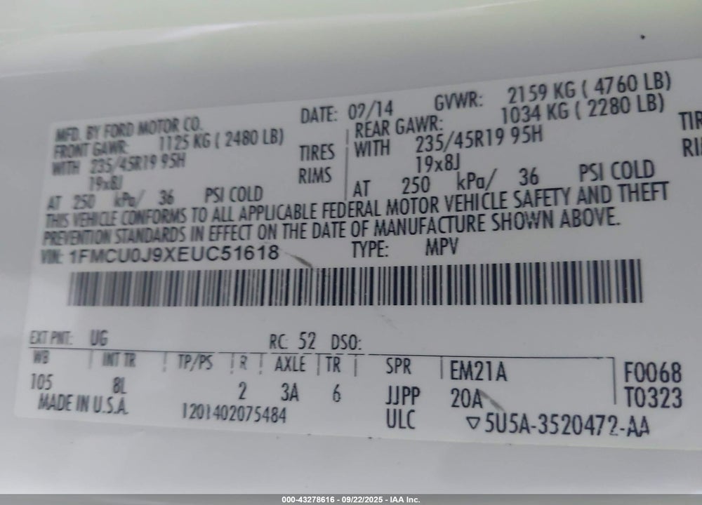 2014 FORD ESCAPE VIN: 1FMCU0J9XEUC51618