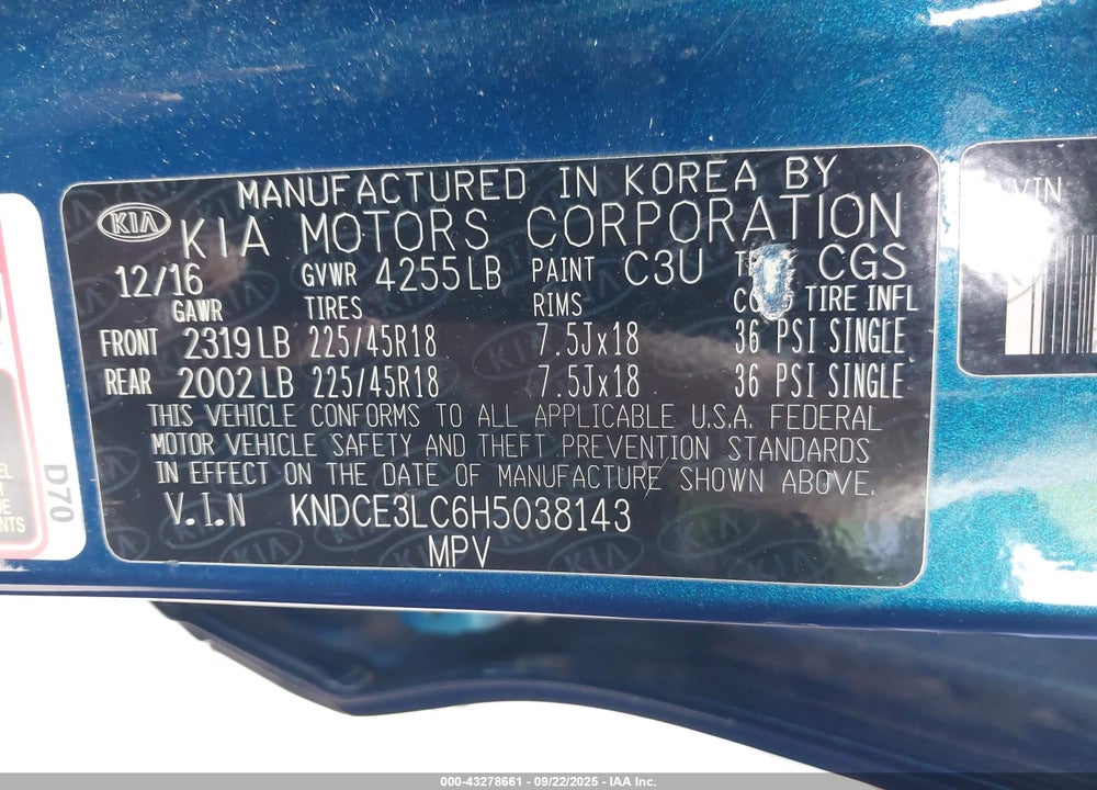 2017 KIA NIRO VIN: KNDCE3LC6H5038143