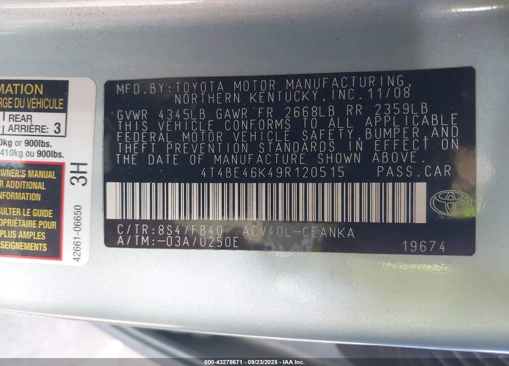 2009 TOYOTA CAMRY VIN: 4T4BE46K49R120515