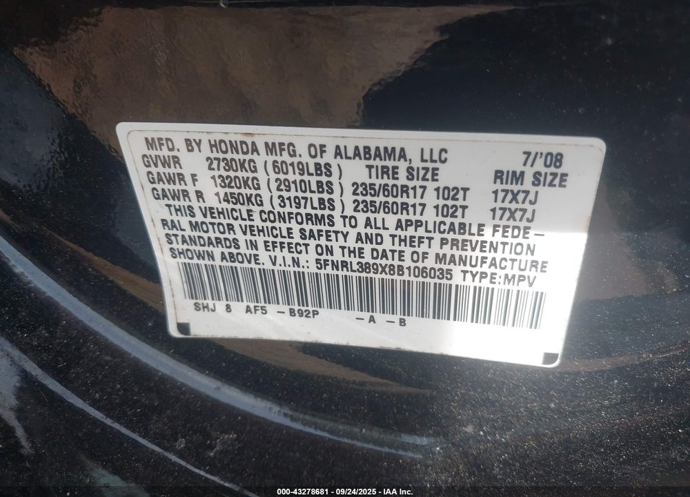 2008 HONDA ODYSSEY TOURING VIN: 5FNRL389X8B106035