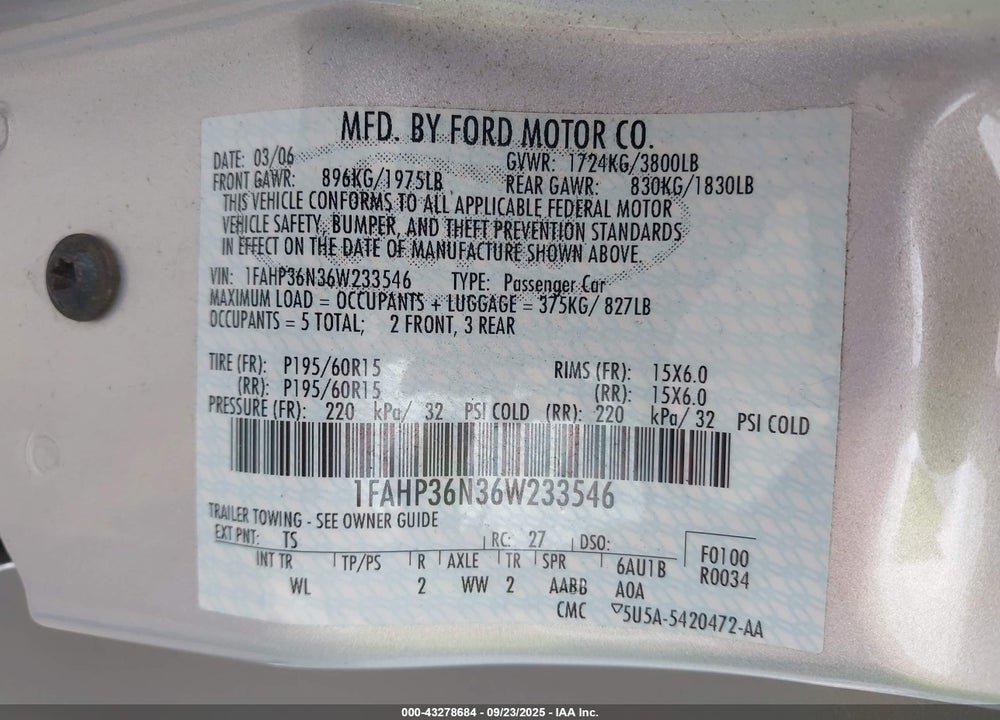 2006 FORD FOCUS ZXW VIN: 1FAHP36N36W233546