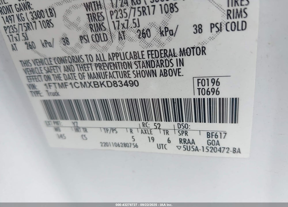 2011 FORD F-150 XL VIN: 1FTMF1CMXBKD83490