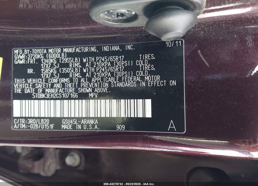2012 TOYOTA HIGHLANDER VIN: 5TDBK3EH2CS107166