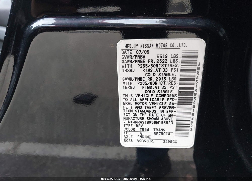 2009 INFINITI FX35 VIN: JNRAS18W59M158823