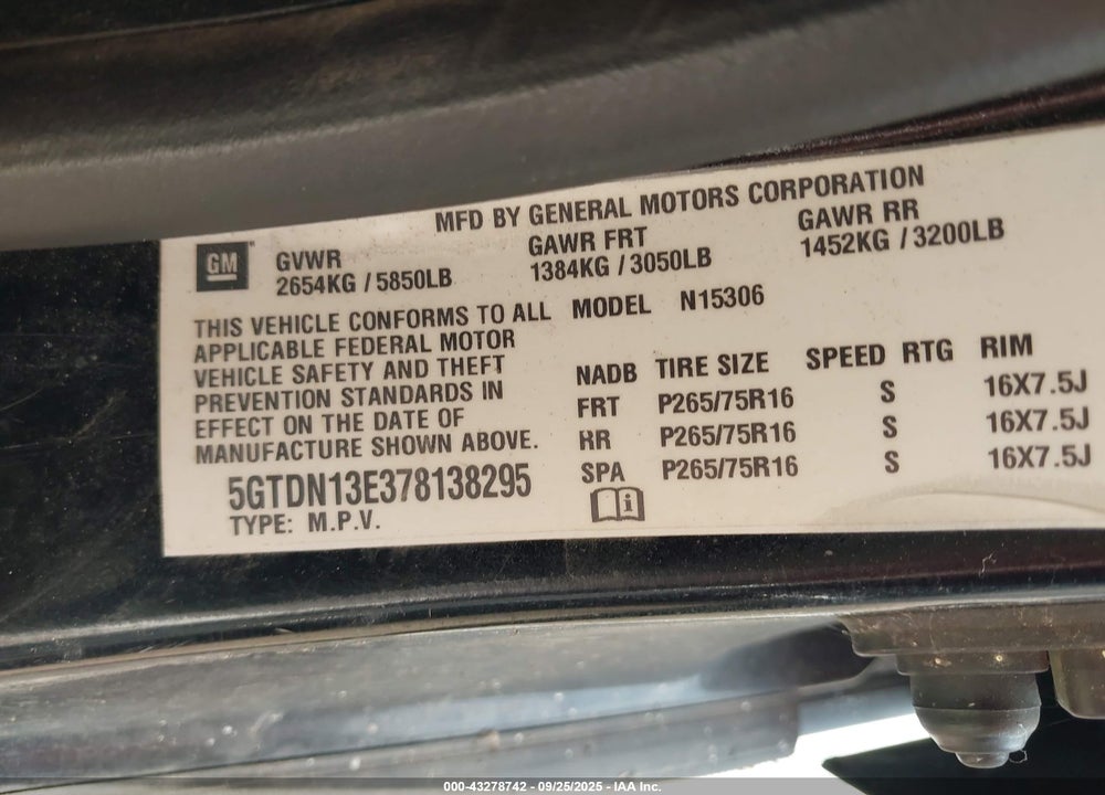 2007 HUMMER H3 VIN: 5GTDN13E378138295