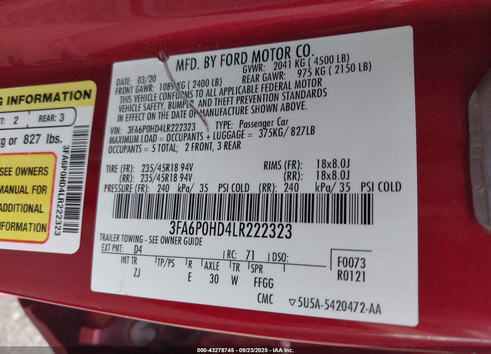 2020 FORD FUSION VIN: 3FA6P0HD4LR222323