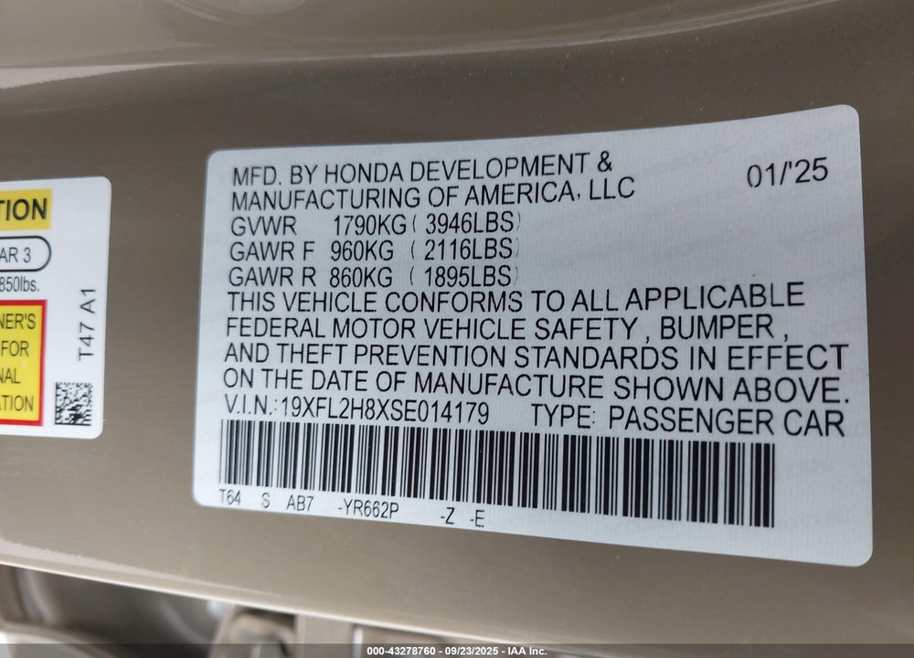 2025 HONDA CIVIC SPORT VIN: 19XFL2H8XSE014179