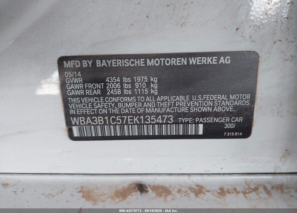 2014 BMW 3 SERIES VIN: WBA3B1C57EK135473