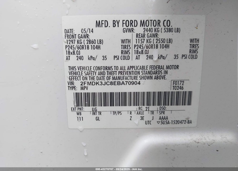 2014 FORD EDGE VIN: 2FMDK3JC8EBA70904