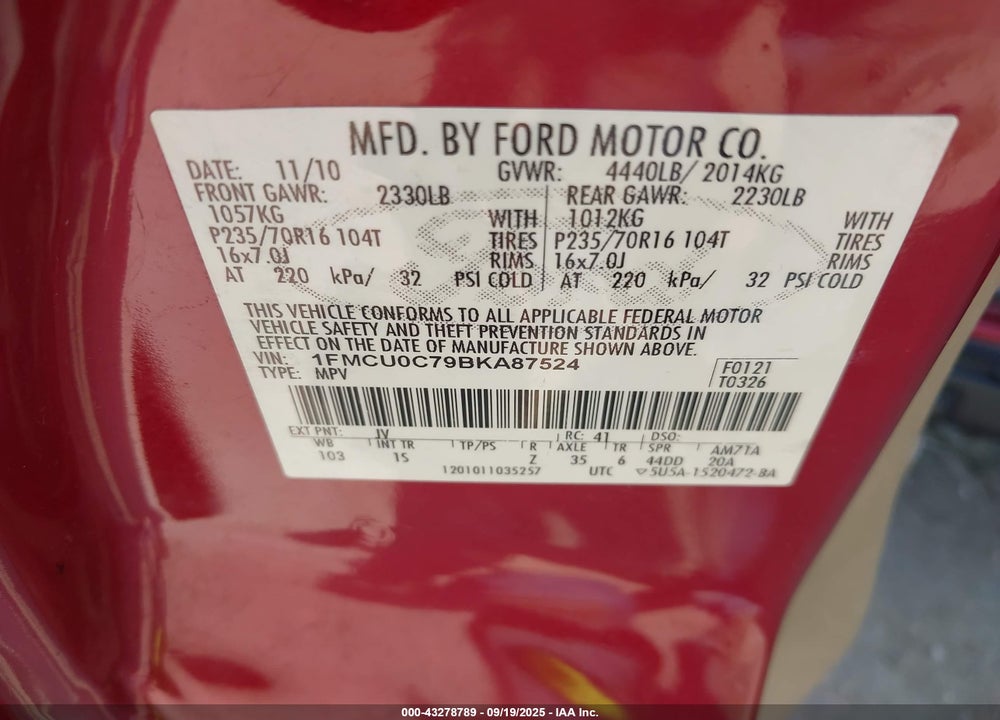 2011 FORD ESCAPE XLS VIN: 1FMCU0C79BKA87524