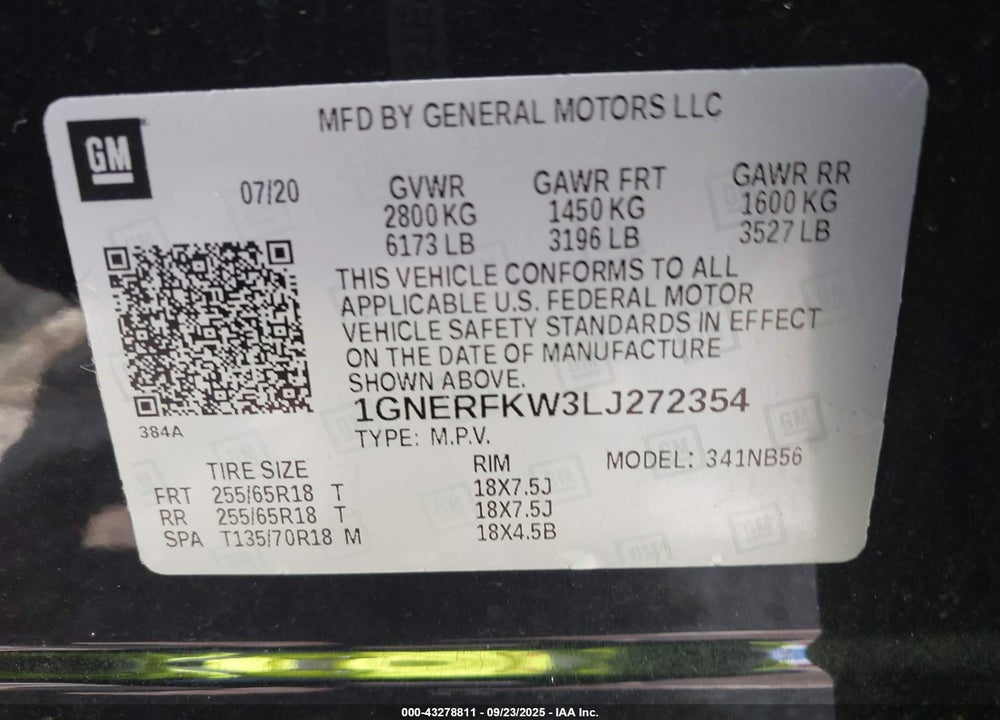 2020 CHEVROLET TRAVERSE VIN: 1GNERFKW3LJ272354