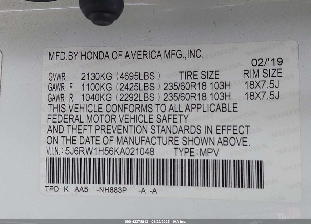 2019 HONDA CR-V EX VIN: 5J6RW1H56KA021048