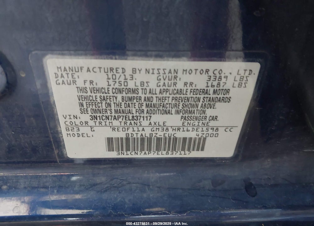 2014 NISSAN VERSA 1.6 SV VIN: 3N1CN7AP7EL837117