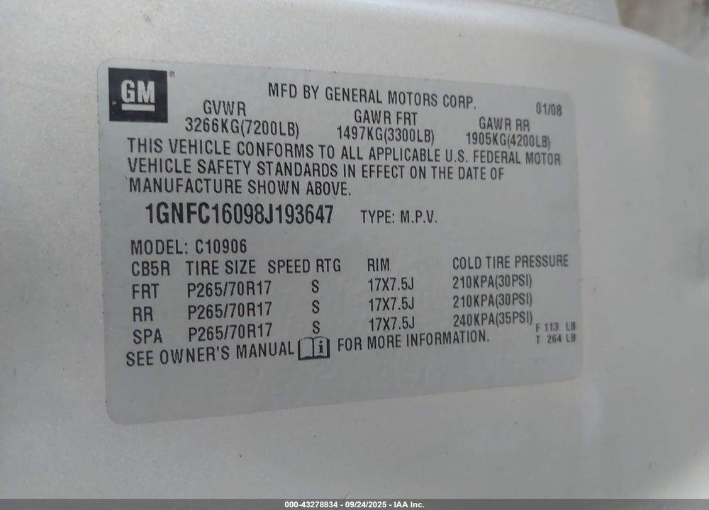 2008 CHEVROLET SUBURBAN 1500 VIN: 1GNFC16098J193647