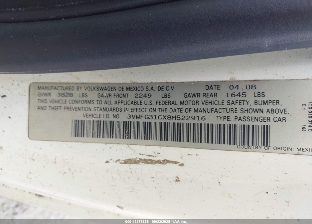 2008 VOLKSWAGEN BEETLE VIN: 3VWFG31CX8M522916