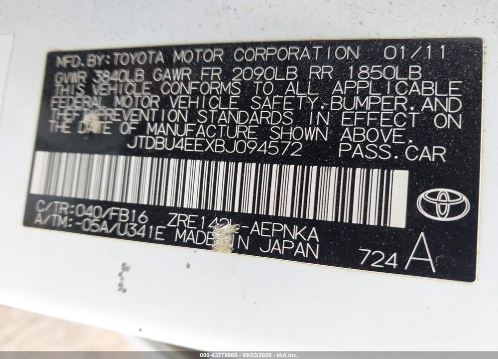2011 TOYOTA COROLLA VIN: JTDBU4EEXBJ094572