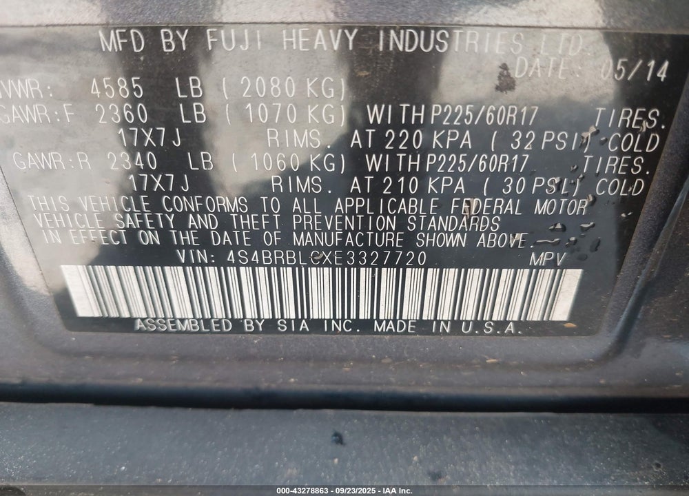 2014 SUBARU OUTBACK VIN: 4S4BRBLCXE3327720