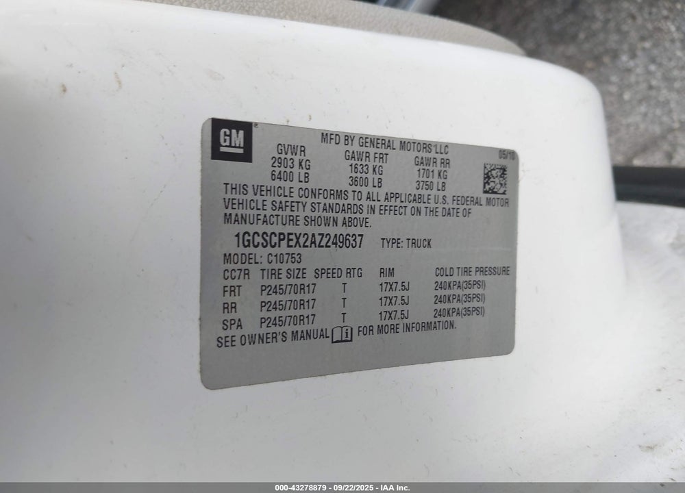 2010 CHEVROLET SILVERADO 1500 VIN: 1GCSCPEX2AZ249637