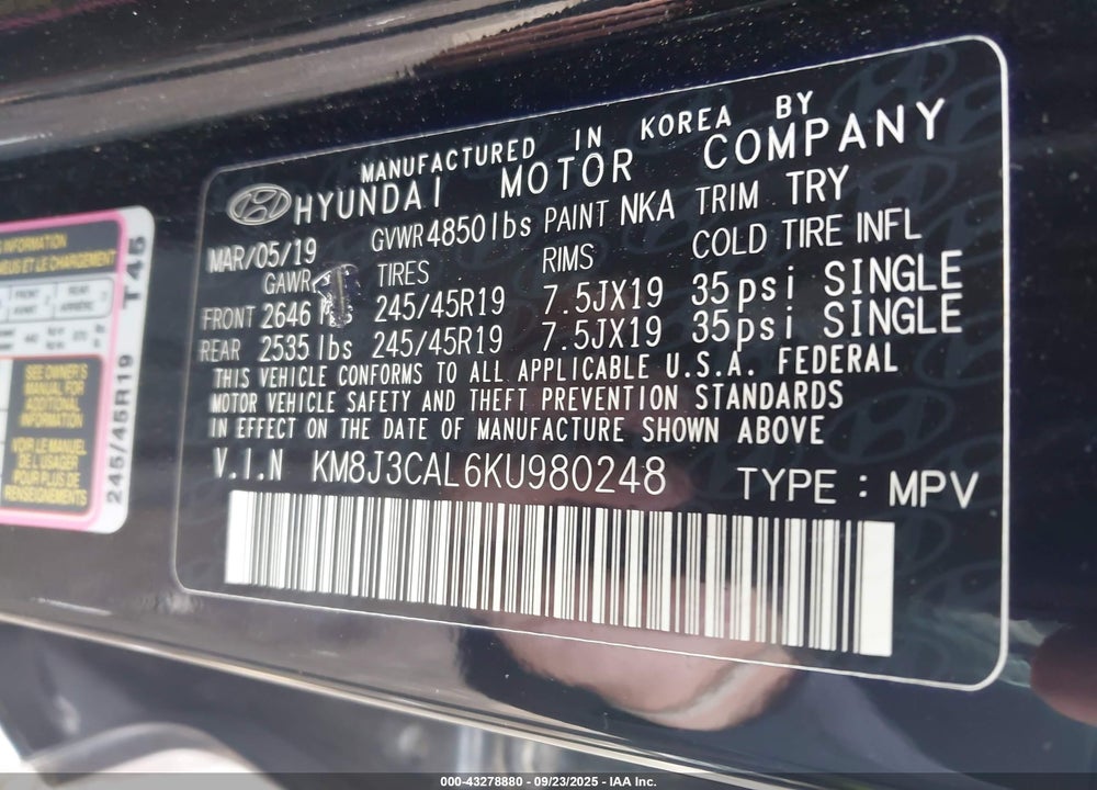 2019 HYUNDAI TUCSON VIN: KM8J3CAL6KU980248