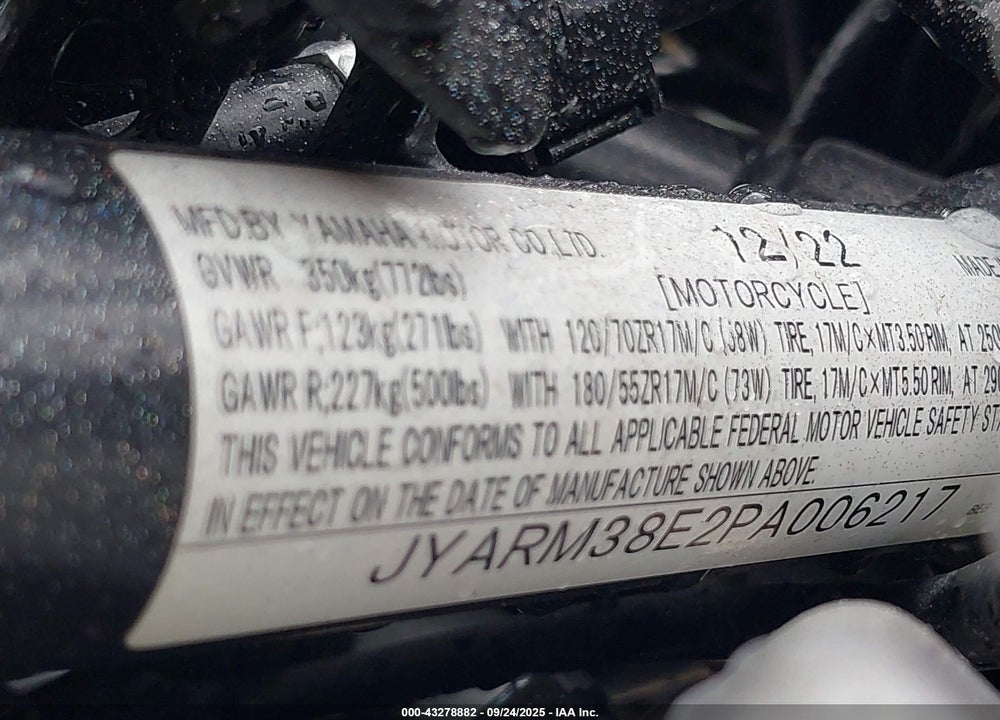 2023 YAMAHA YZFR7 VIN: JYARM38E2PA006217
