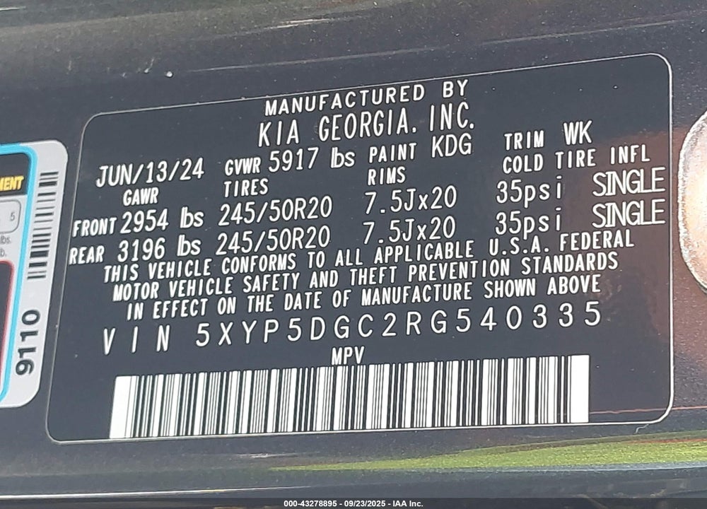 2024 KIA TELLURIDE VIN: 5XYP5DGC2RG540335