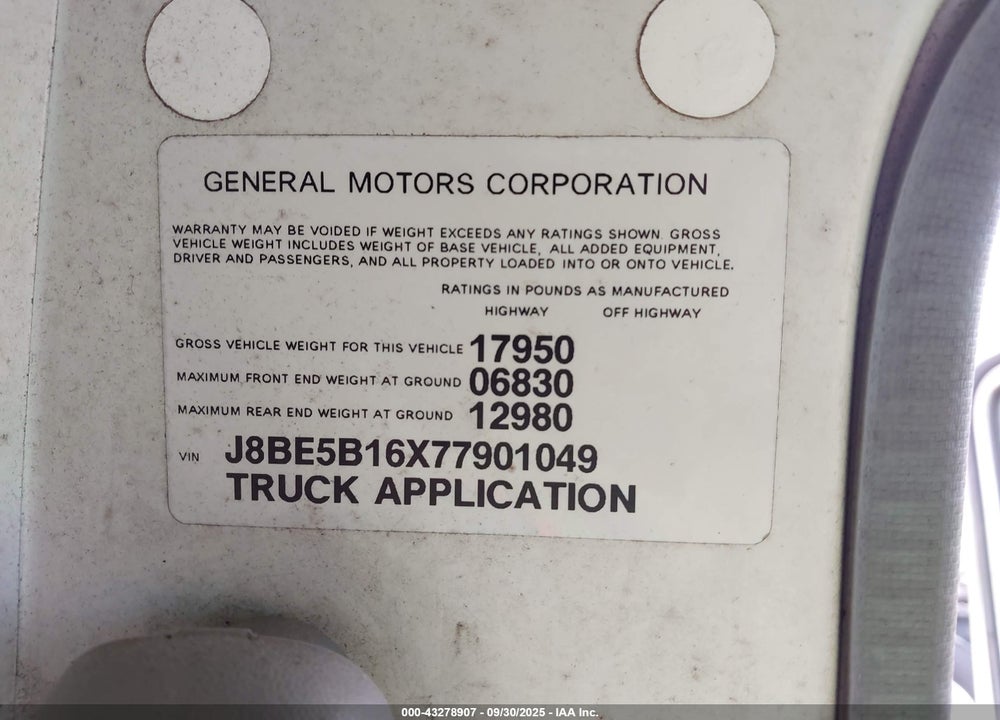 2007 CHEVROLET W5500 DSL REG VIN: J8BE5B16X77901049