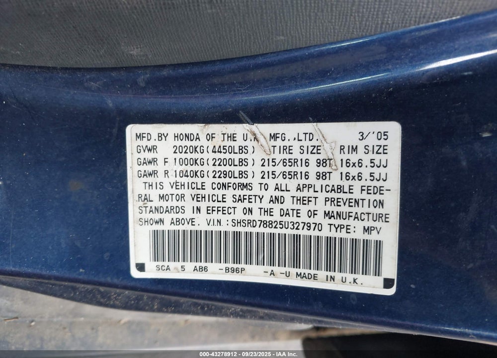 2005 HONDA CR-V EX VIN: SHSRD78825U327970