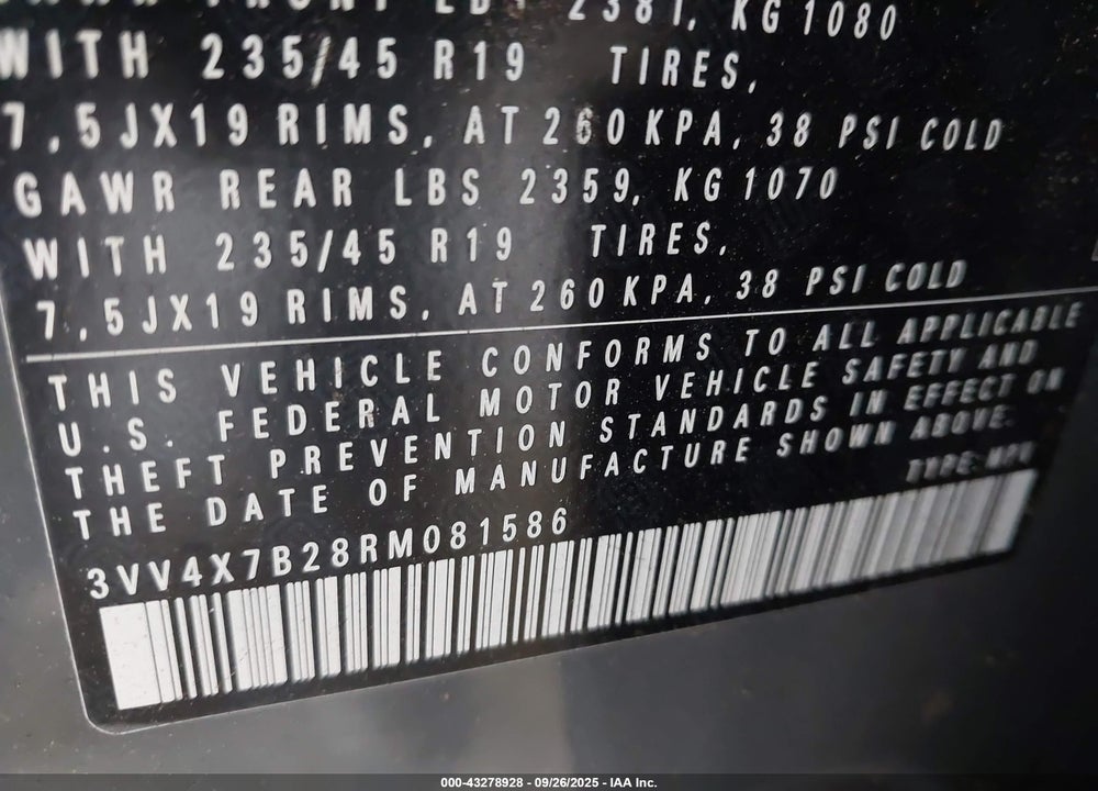 2024 VOLKSWAGEN TAOS VIN: 3VV4X7B28RM081586