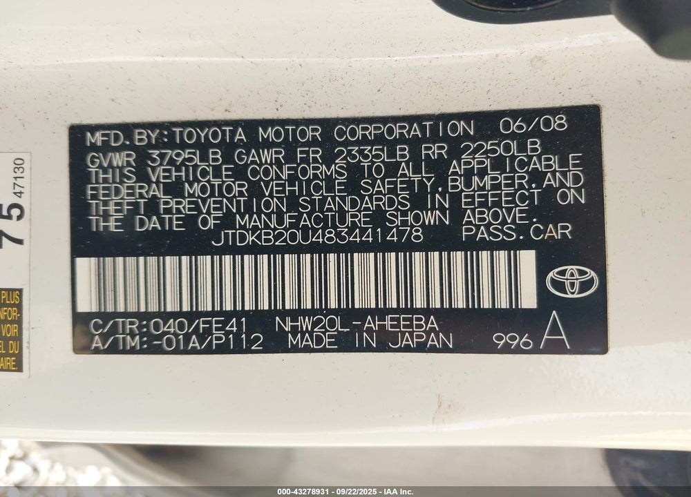 2008 TOYOTA PRIUS VIN: JTDKB20U483441478