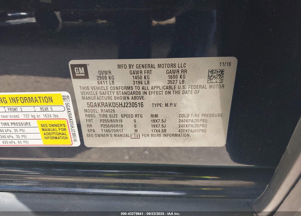 2017 BUICK ENCLAVE VIN: 5GAKRAKD5HJ230516