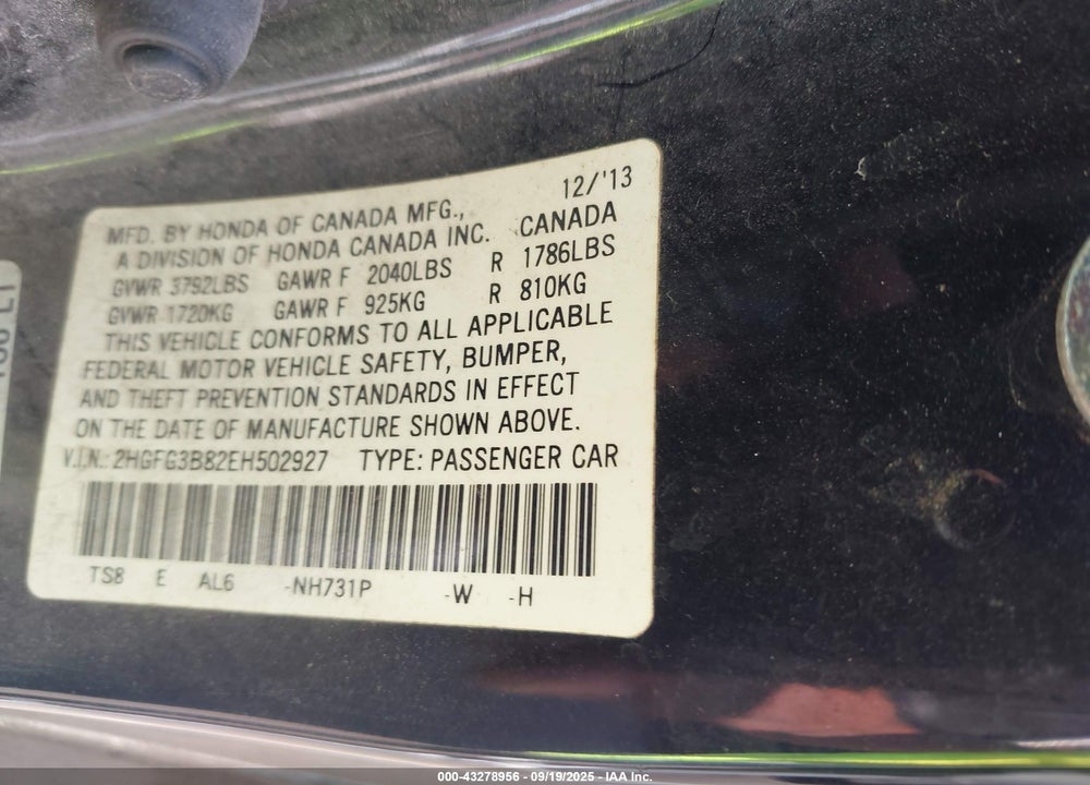 2014 HONDA CIVIC VIN: 2HGFG3B82EH502927