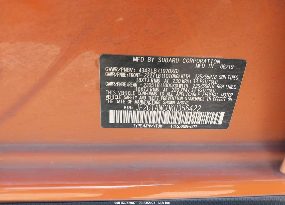 2019 SUBARU CROSSTREK VIN: JF2GTANC0KH356422