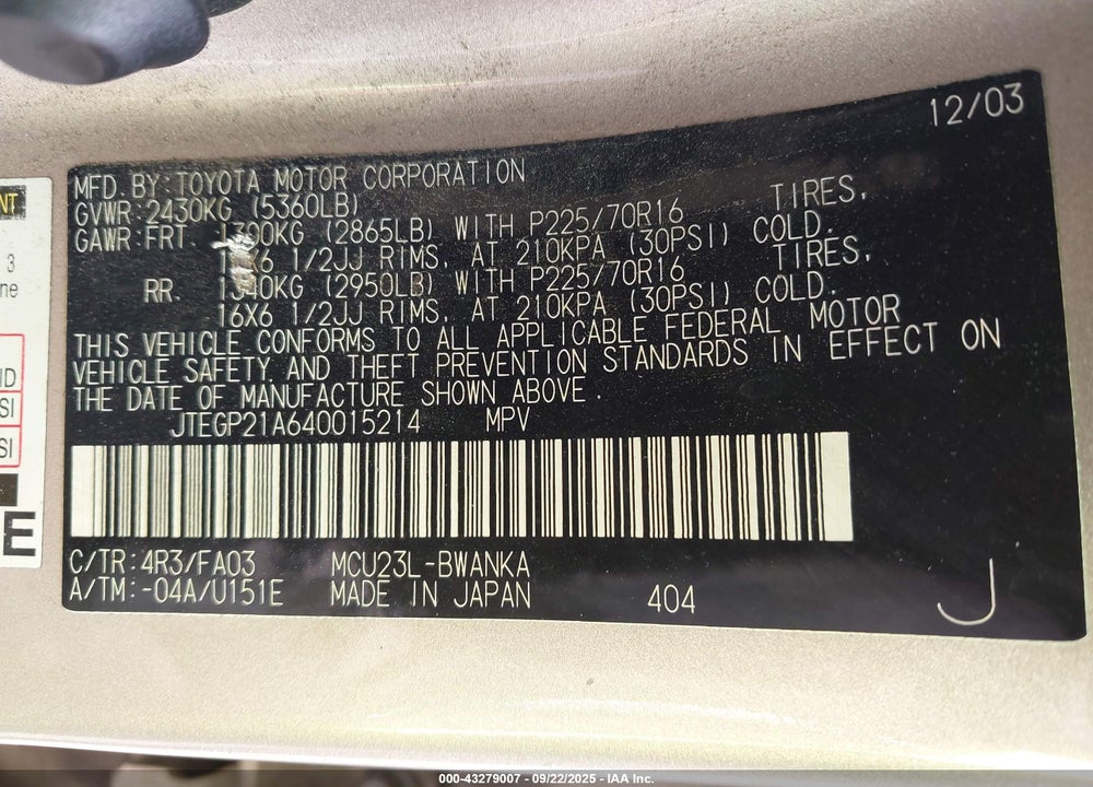2004 TOYOTA HIGHLANDER V6 VIN: JTEGP21A640015214