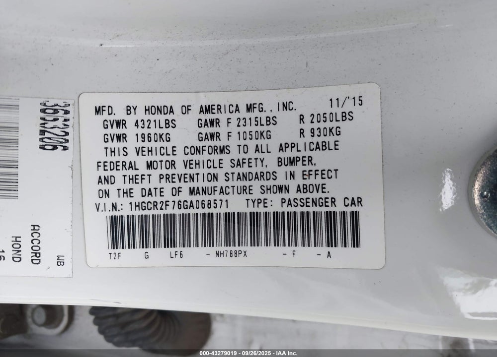 2016 HONDA ACCORD VIN: 1HGCR2F76GA068571